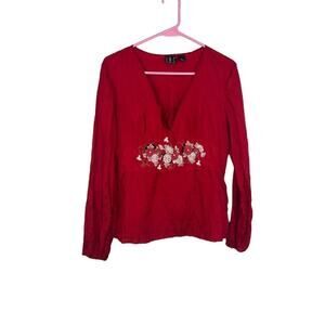 INC Red 100% silk floral embroidered long sleeve deep v neck top size 8 y2k